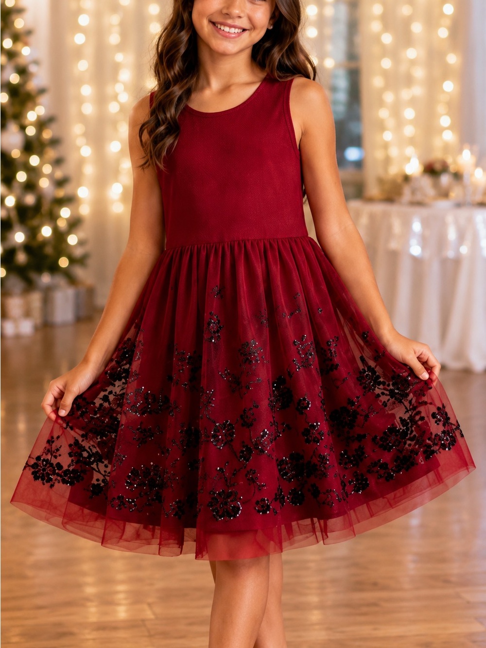 Knitworks Girls Size 10 Red Floral Sequin Tulle Holiday Party Dress